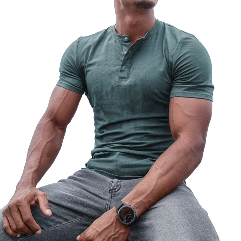 Men's Henley Collar Solid Short Sleeve Sports T-shirt 24705564Z