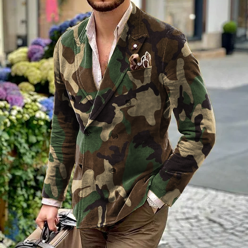 Camo Peak Lapel Double Breasted Casual Blazer for menn 56252627Z