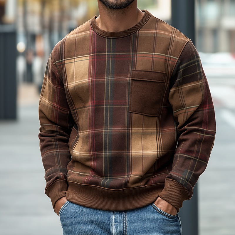 Men's Retro Casual Plaid Print Crew Neck Sweatshirt MTA1938H9TO