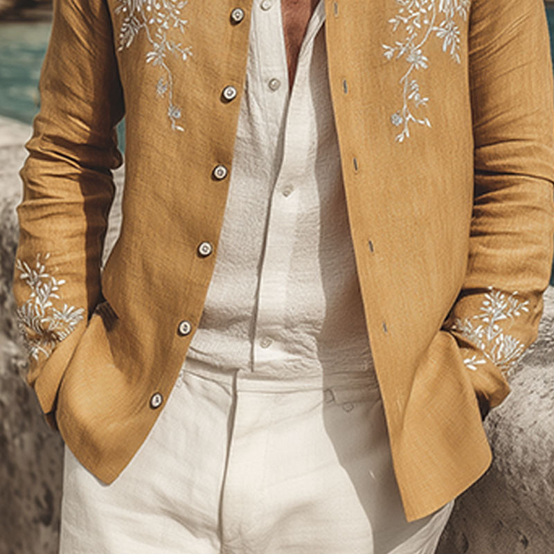 Men's Classic Vintage Exquisite Chest And Cuff Embroidery Cotton Linen Lapel Thin Jacket MTA1666G4K