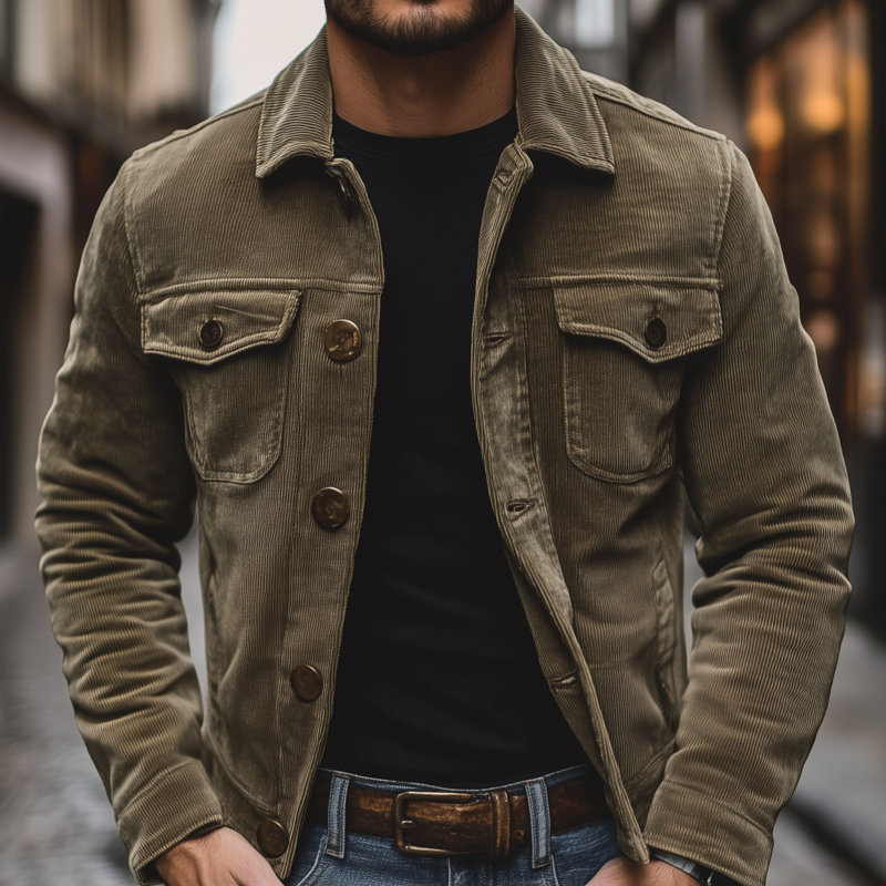 Men's Vintage Solid Color Corduroy Lapel Single Breasted Chest Pocket Cargo Jacket MTA3042G2M