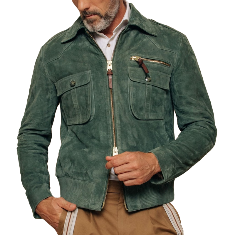 【Envío en 24 horas】Chaqueta de gamuza con bolsillo en el pecho y cremallera con solapa retro para hombre 01953047Z