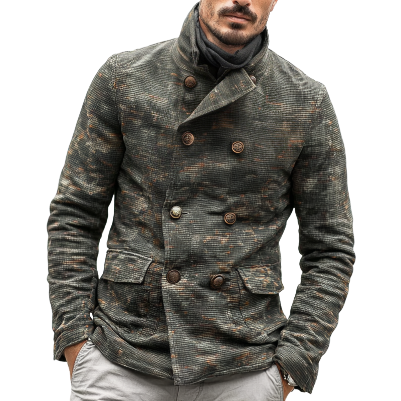 Men's Camouflage Waffle Stand Collar Double Breasted Casual Jacket MTA1879H0Z