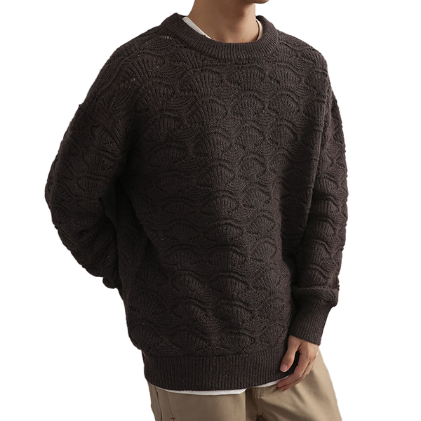 Men's Solid Color Shell Pattern Round Neck Loose Long Sleeve Sweater 32414232Z