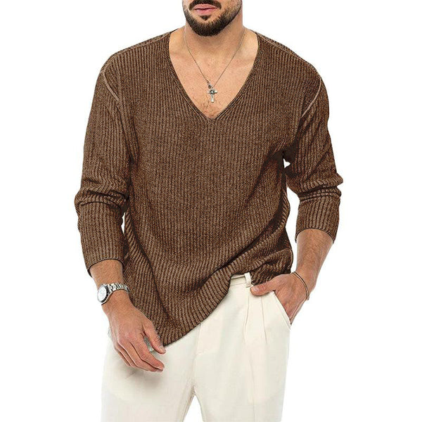 Men's V-Neck Solid Color Long Sleeve Knit Pullover Sweater 18599814M