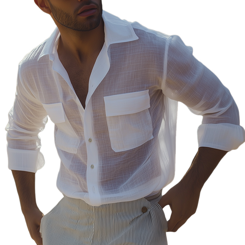 Men's Retro Casual Solid Color Linen Lapel Long Sleeve Shirt MTA0215G7TO