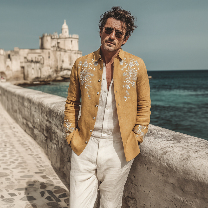 Men's Classic Vintage Exquisite Chest And Cuff Embroidery Cotton Linen Lapel Thin Jacket MTA1666G4K