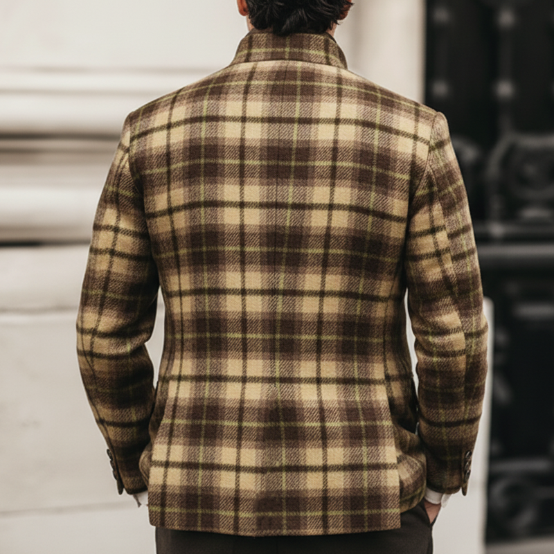 Men's Retro Plaid Stand Collar Double Slit Slim Fit Jacket MTA2296K8U