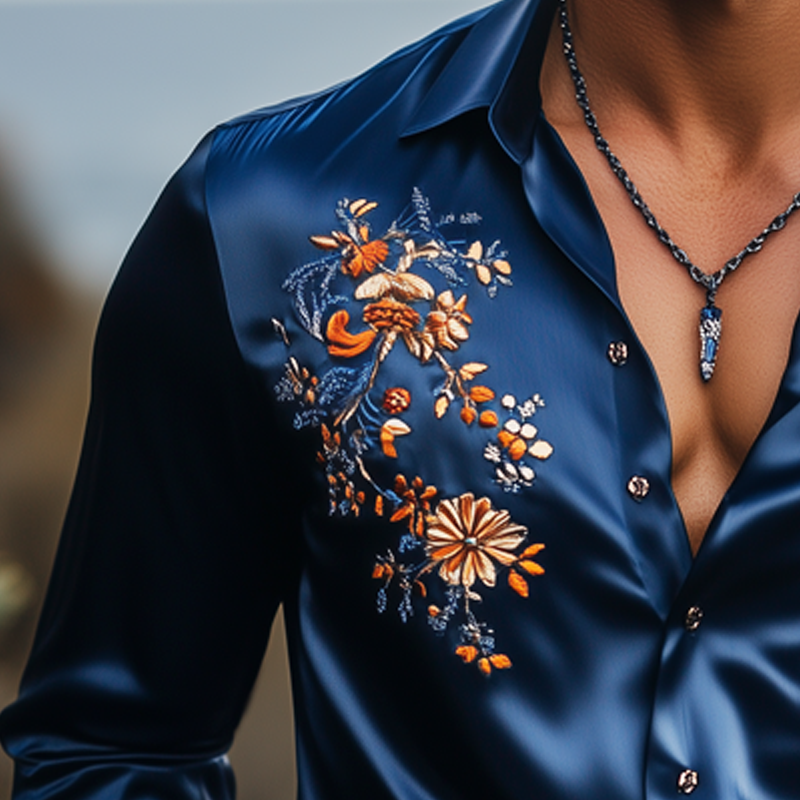 Men's Classic Satin Floral Embroidered Long Sleeve Shirt MTA3129G9U