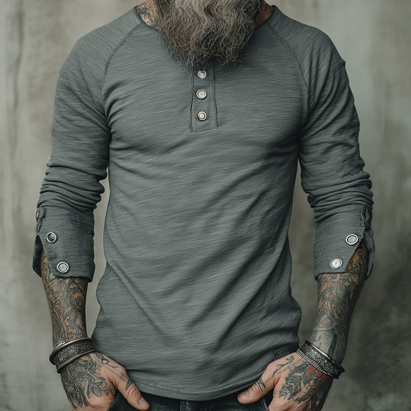 Men's Vintage Casual Cotton Button-Down Crew Neck Long Sleeve T-Shirt MTA2801H5TO