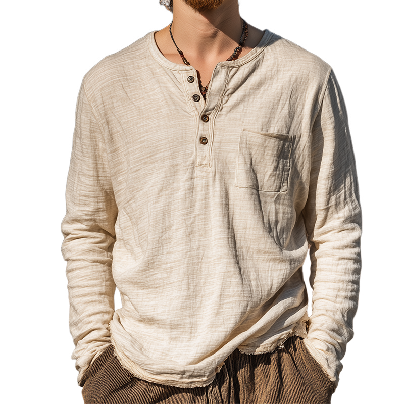 Men's Vintage Casual Distressed Henley Collar Long Sleeve T-Shirt MTA0140H5TO