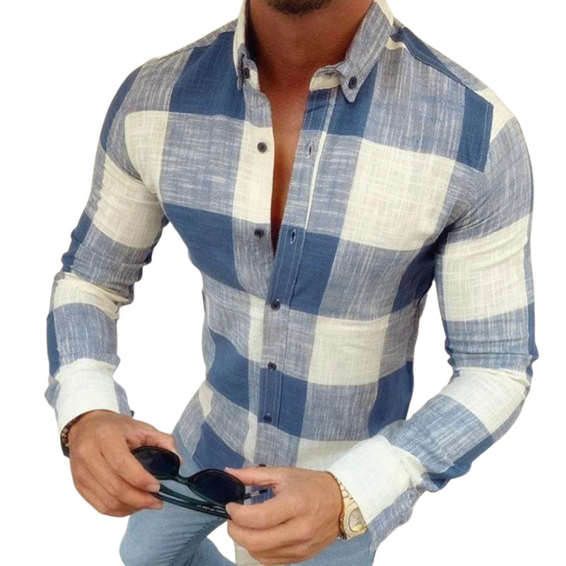 Men's Casual Cotton Plaid Lapel Slim Fit Long Sleeve Shirt 90486726M