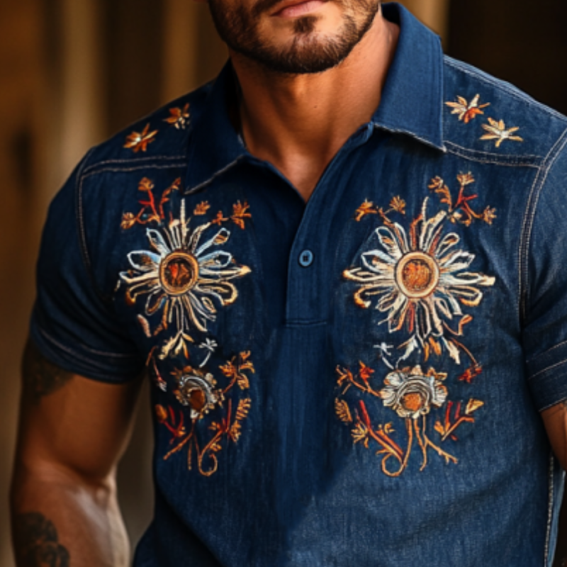 Herrepoloskjorte i vestlig stil med broderi i denim med korte ermer MTA1002F6Y