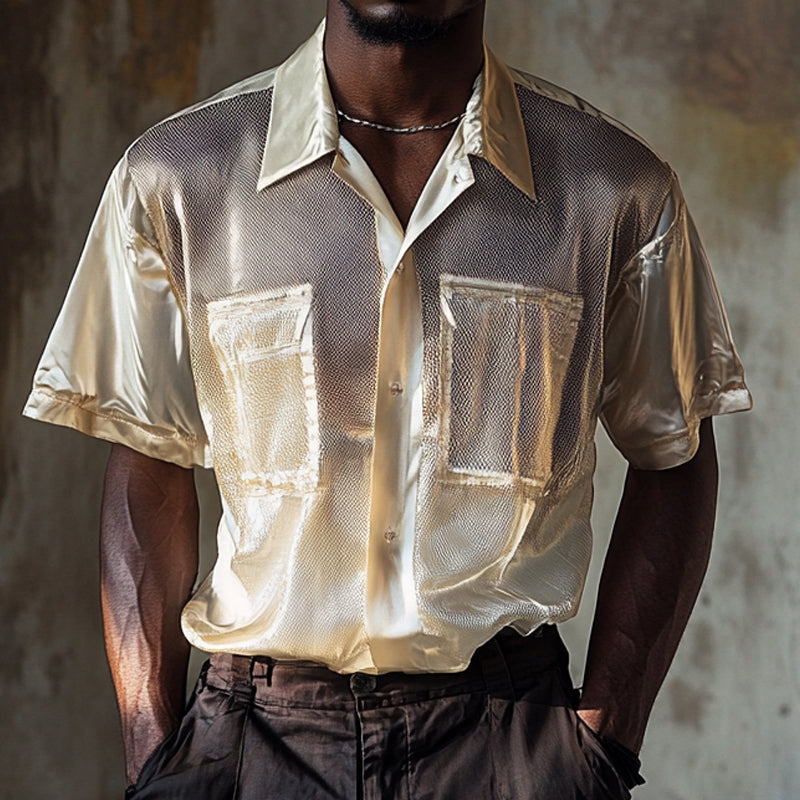Men's Mesh Stitching Satin Solid Color Lapel Short-Sleeved Shirt MTA2780E0X
