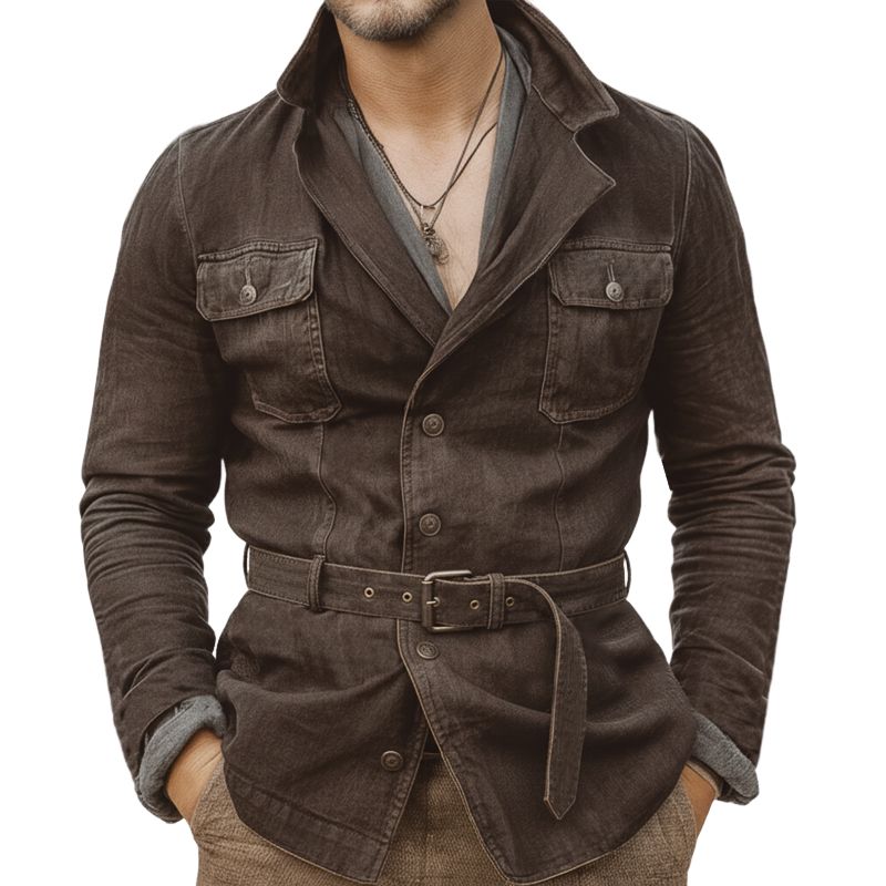 Men's Retro Classic Belted Distressed Denim Jacket MTA2981L2U