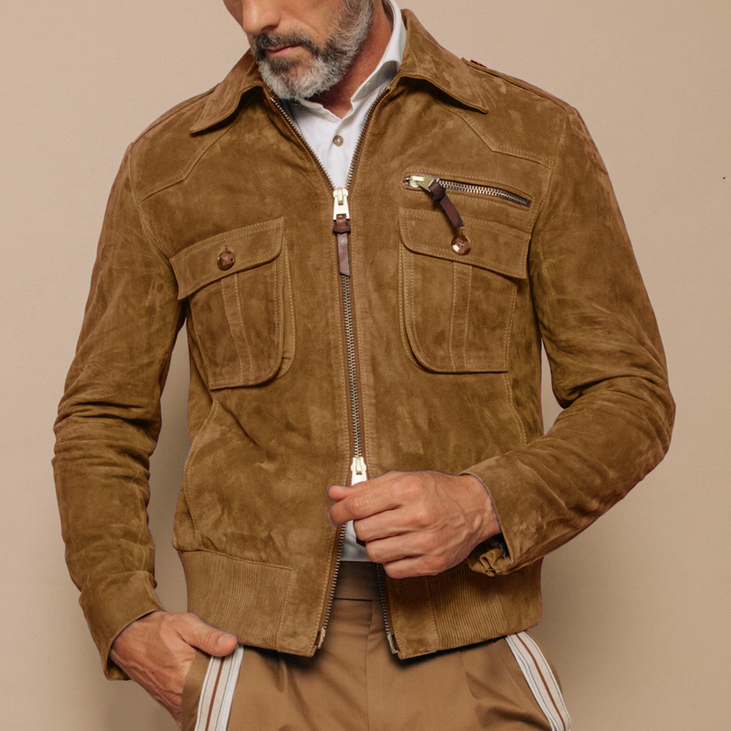 【Envío en 24 horas】Chaqueta de gamuza con bolsillo en el pecho y cremallera con solapa retro para hombre 01953047Z