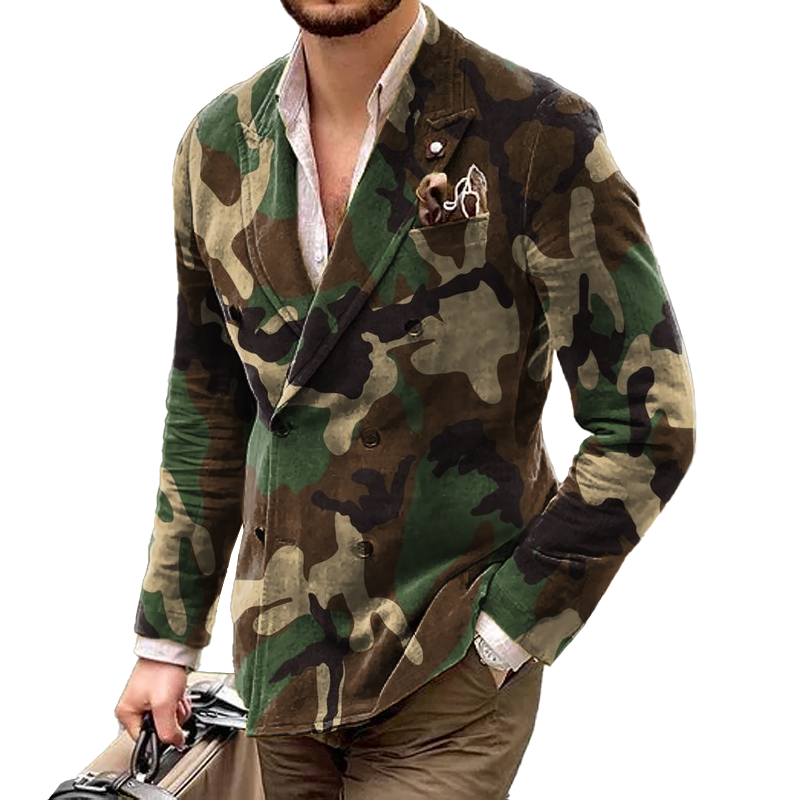 【24-Stunden-Versand】 Herren-Blazer mit Camouflage-Muster und steigendem Revers, zweireihig, lässig, 56252627Z