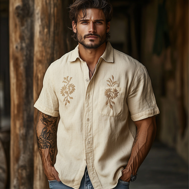 Men's Casual Khaki Tencel Vintage Embroidered Short-sleeved Shirt 42696162U