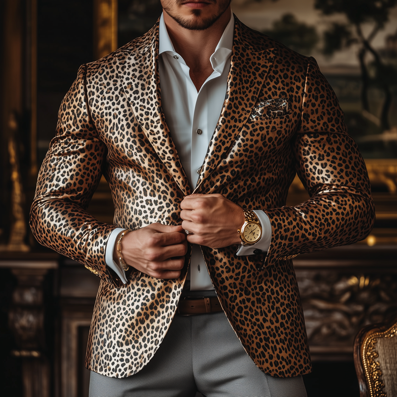 Herremote Leopard Satin Peak Lapel Blazer med to knapper 71155305Z