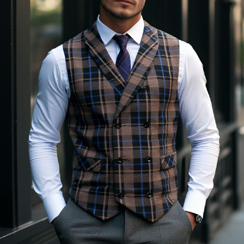 Men's Vintage Checkered Lapel Double-breasted Vest (shirt Not Included) 26293846X