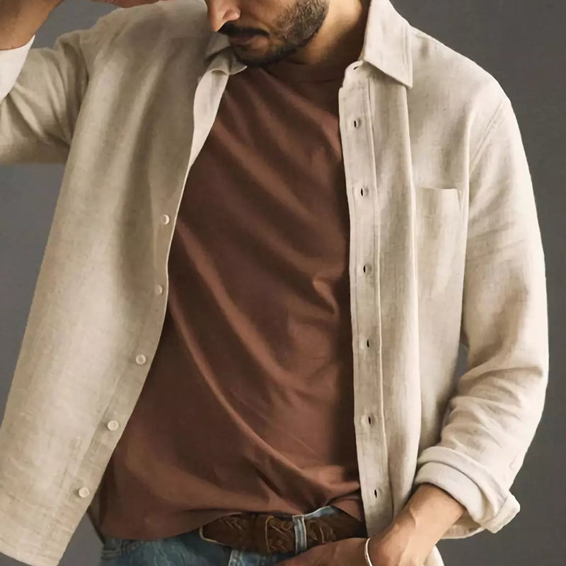 Men's Casual Apricot Cotton and Linen Long-sleeved Shirt 70178910U