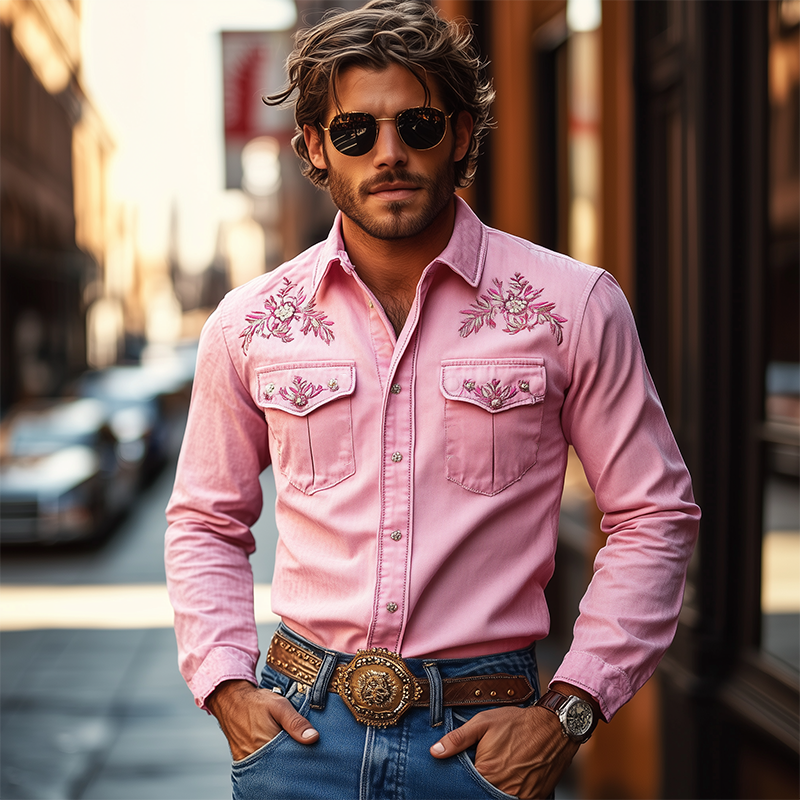 Men's American Retro Western Style Embroidered Long Sleeve Shirt 96546825K