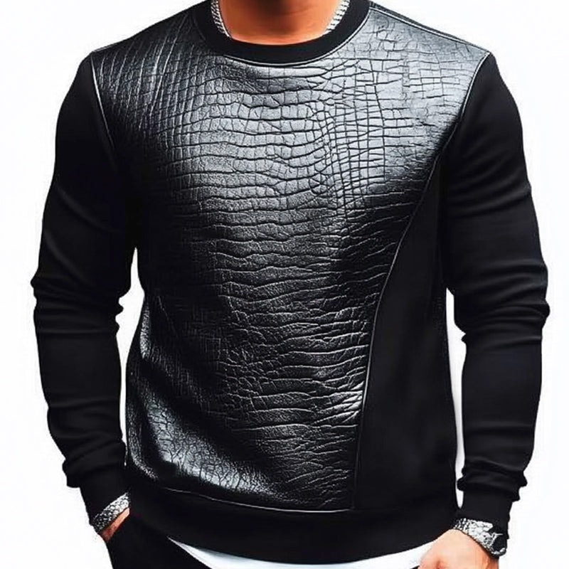 Men's Pure Black Crocodile Pattern Stitching Round Neck Sweatshirt 38214987U