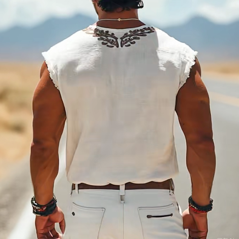 Men's Summer Fashion Casual Retro Western Style Cotton and Linen Embroidered V-neck T-shirt MTA2835D1K