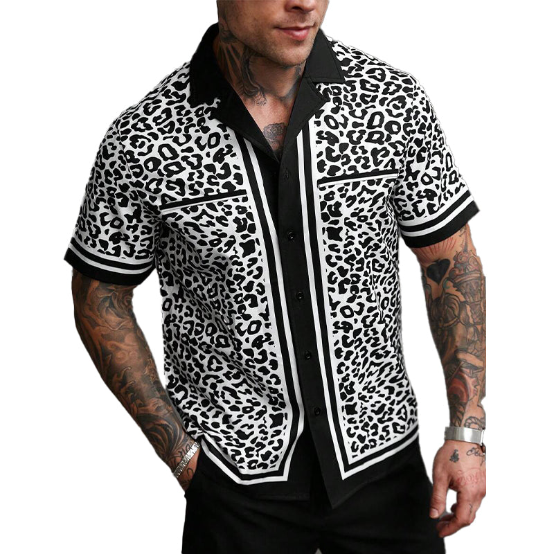 Men's Holiday Leopard Print Lapel Short Sleeve Shirt 78399330X