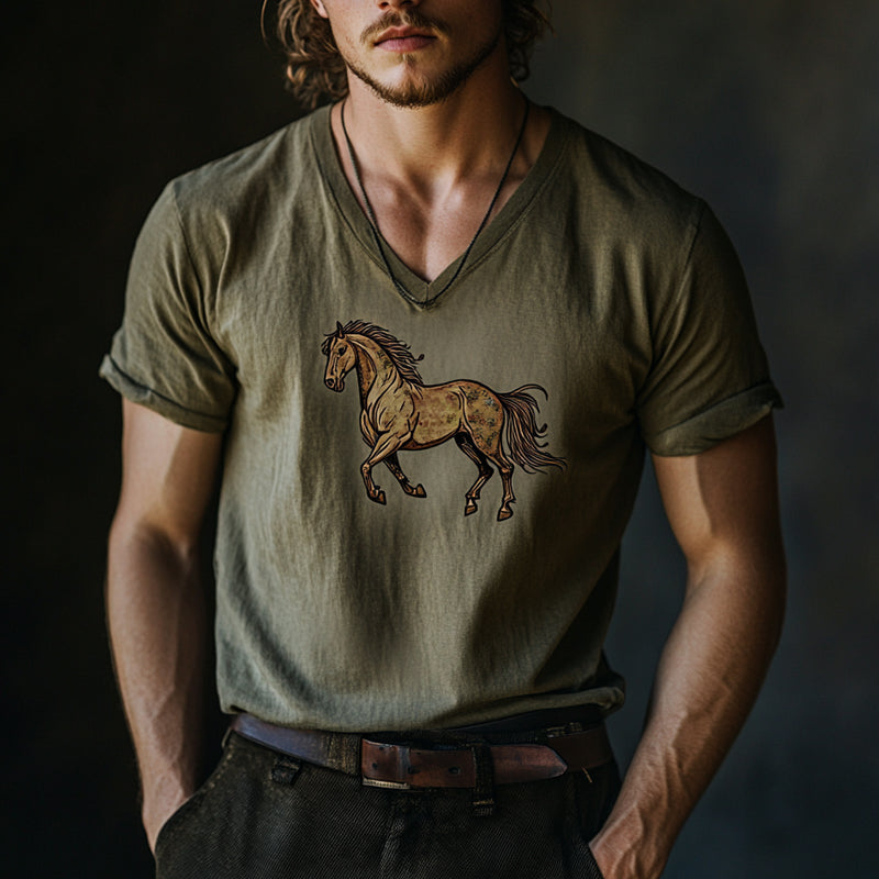 Men's Horse Print V-Neck Short Sleeve T-Shirt 86840741X