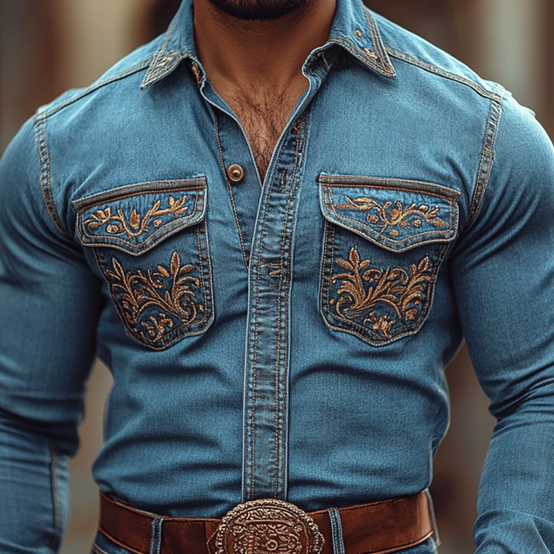 Vestlig cowboystil for menn, brodert jakkeslag, brystlomme, langermet dongeriskjorte 49834284Z