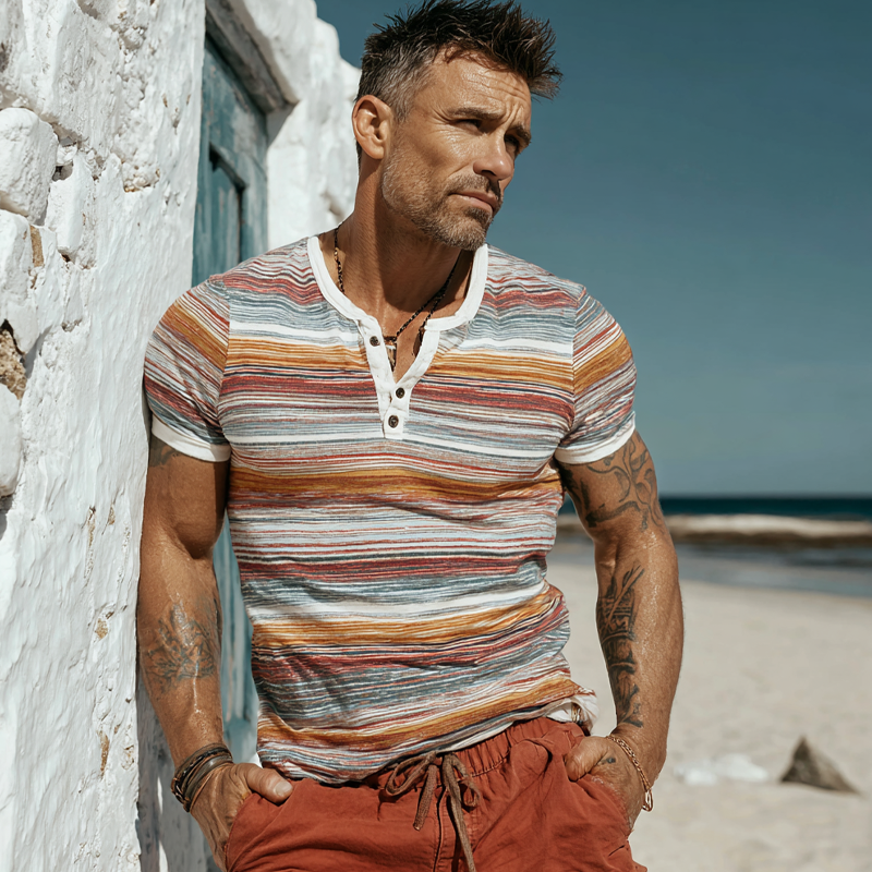 Men's Stripe Print Short Sleeve Henley Neck T-Shirt MTA2764F5X