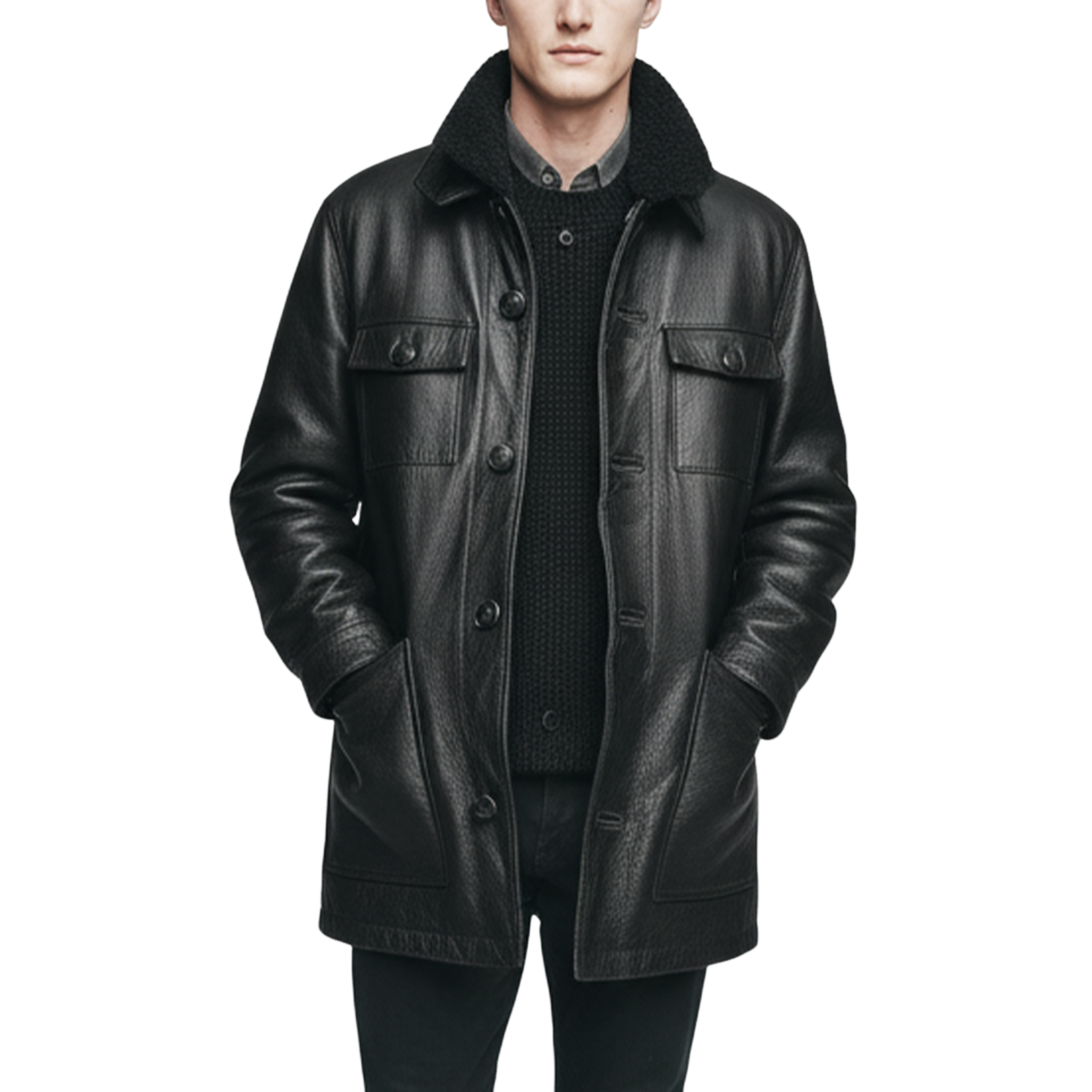 Men's Classic Vintage Polar Fleece Collar Multi-pocket PU Leather Jacket MTA1326I8K