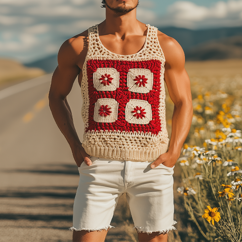 Men's Summer Fashion Casual Hollow Crochet Flower Knitted Tank Top MTA2773F5K