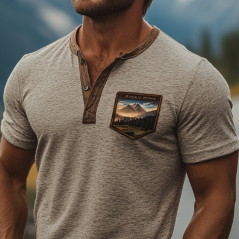 Klassisk amerikansk retro Yellowstone Park Series Henley Collar T-skjorte for menn 79800346K