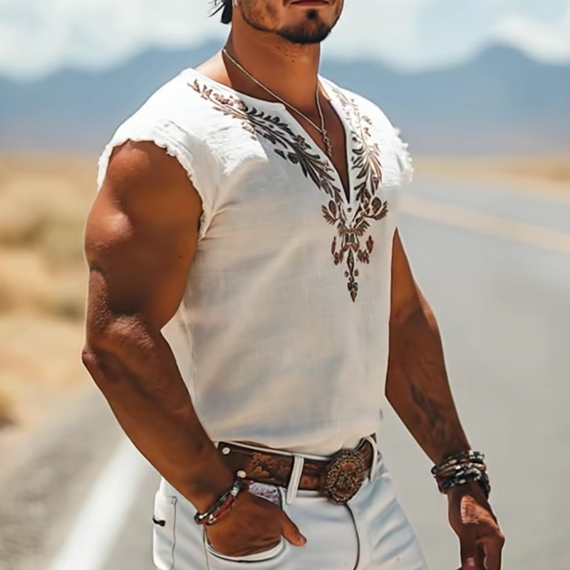 Men's Summer Fashion Casual Retro Western Style Cotton and Linen Embroidered V-neck T-shirt MTA2835D1K