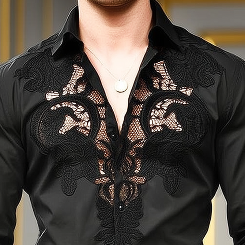 Men's Retro Black Embroidered Long Sleeve Shirt MTA2194H0U