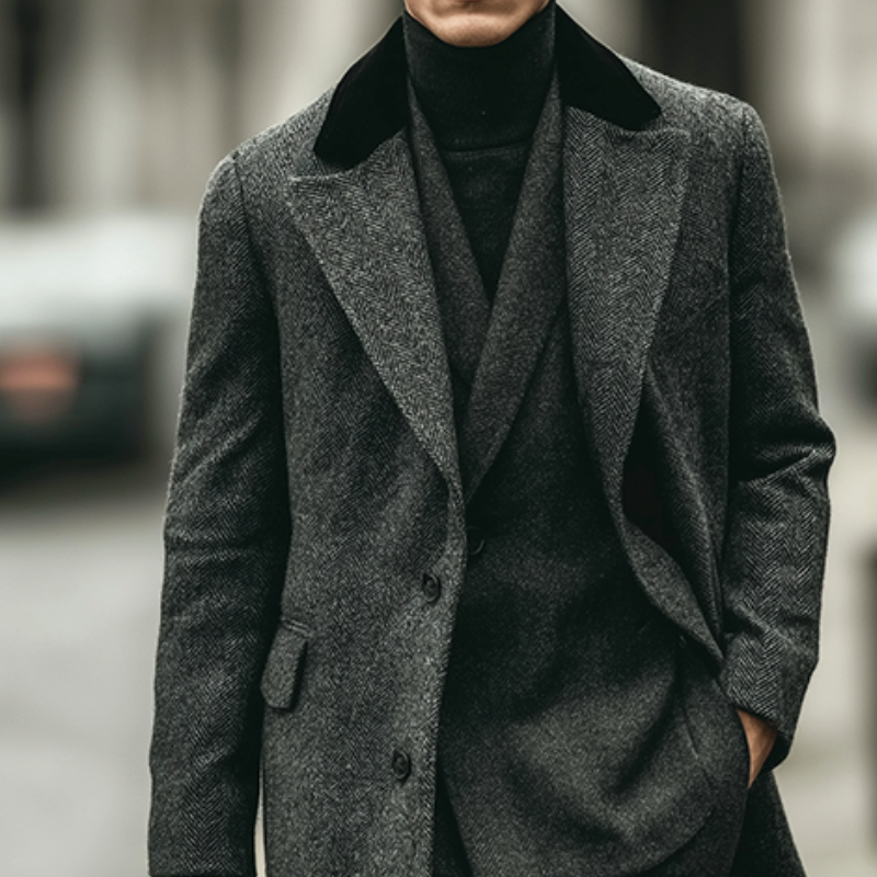 Men's Retro Casual British Style Fur Collar Herringbone Button Long Coat MTA2574I8TO