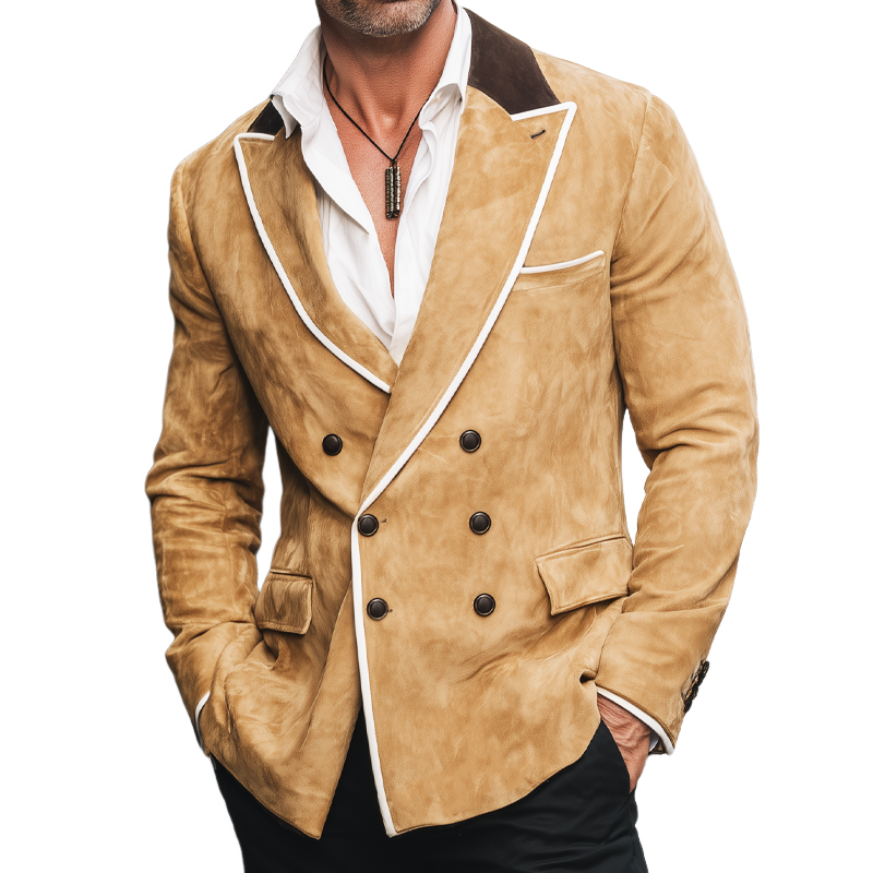 Men's Retro Colorblock Collar Double-Breasted Suede Blazer MTA2283H2U