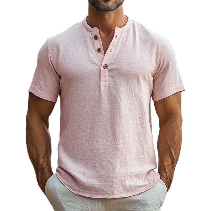 Men's Summer Fashion Casual Vacation Style Breathable Hemp Henley Collar Short-sleeved T-shirt MTA2428D1K