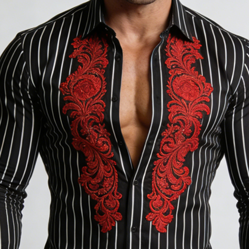 Men's Retro Casual Striped Embroidered Lapel Long-Sleeve Shirt MTA1936L6TO