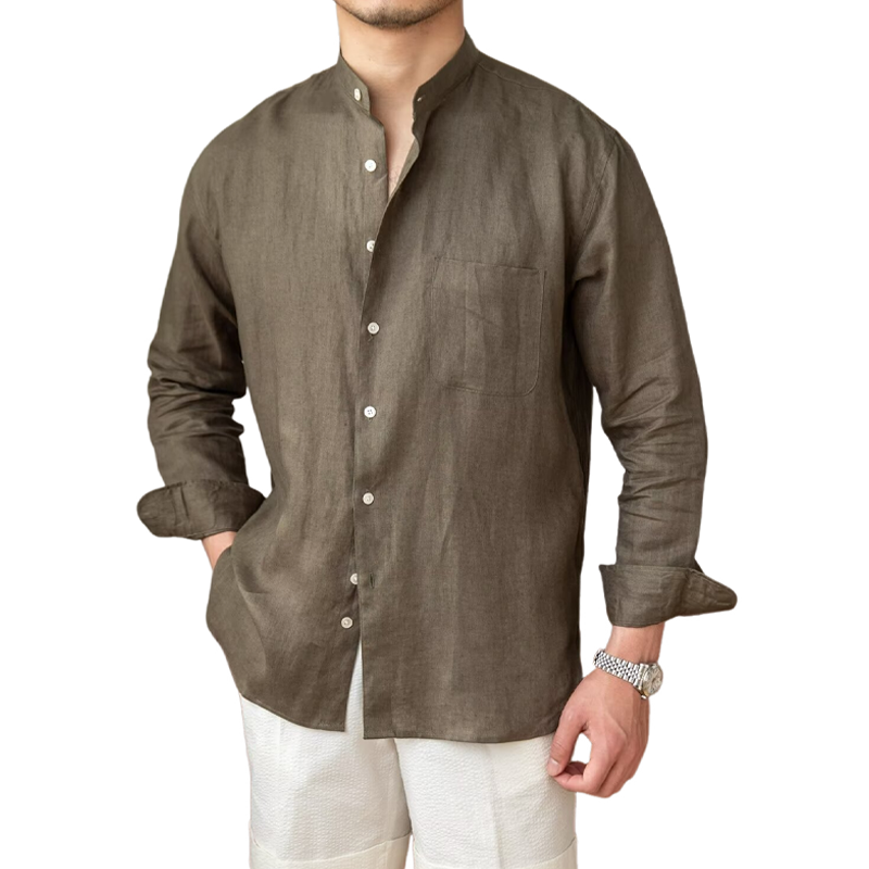 Men's Cotton And Linen Solid Color Stand Collar Long Sleeve Shirt MTA2810G8X