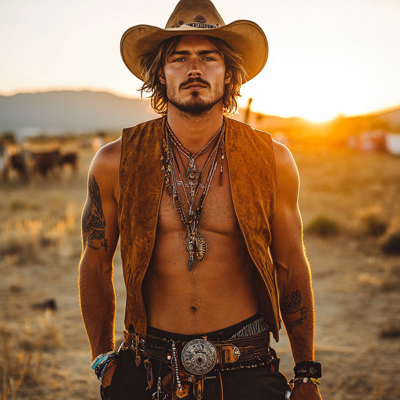 Men's Vintage Western Cowboy Suede V-Neck Vest MTA0984E4X