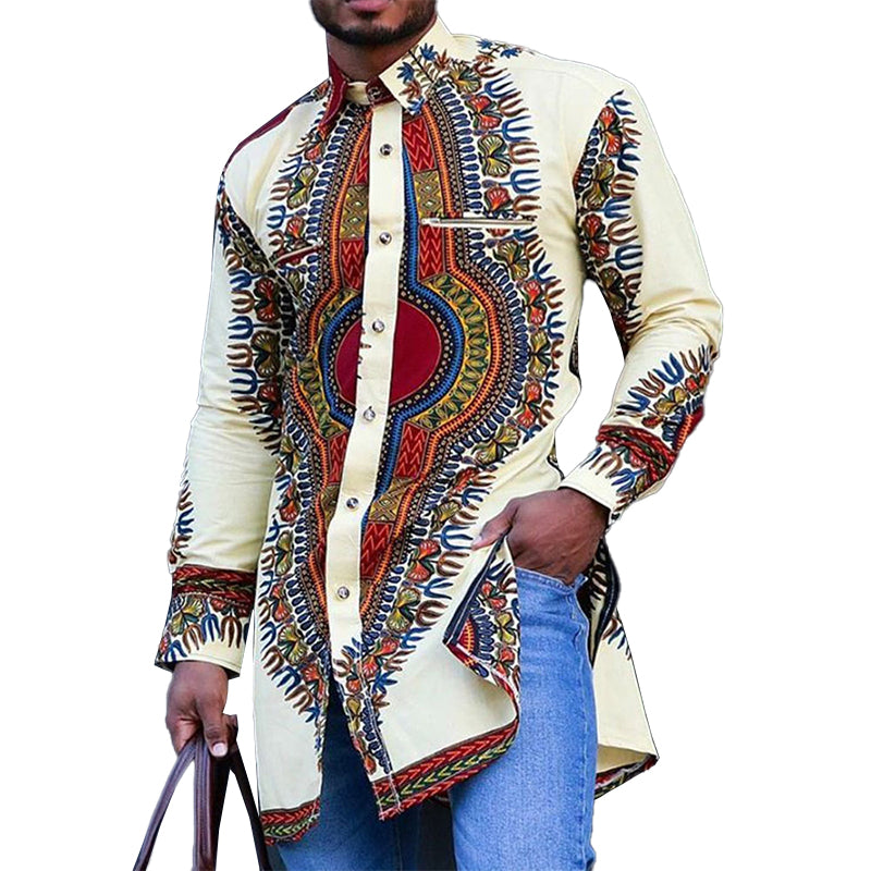 Men's Vintage Lapel Ethnic Print Mid-Length Long Sleeve Shirt 22379967M