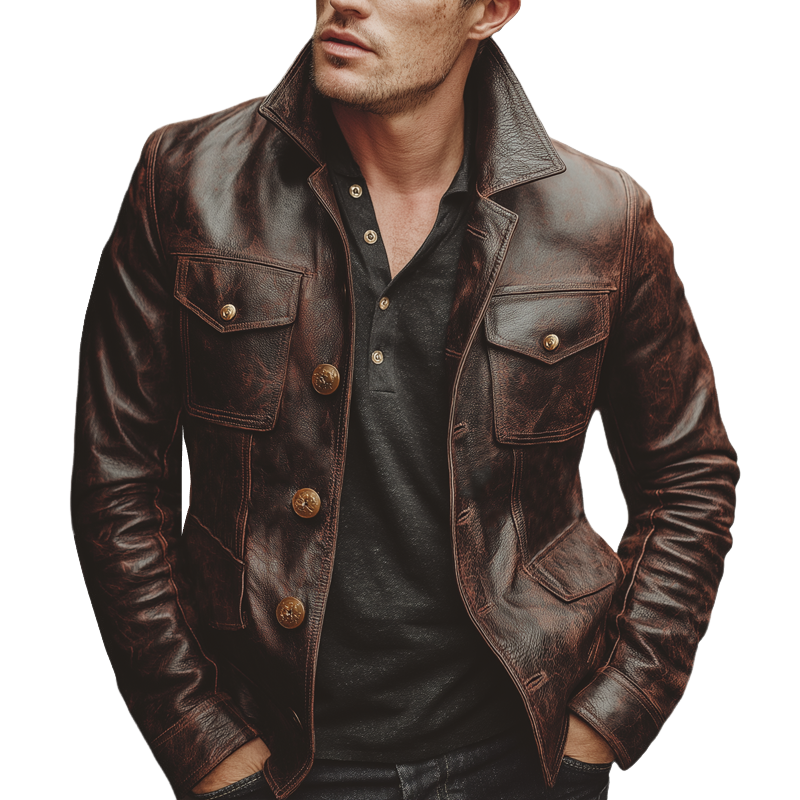 Men's  Classic Reddish-brown Distressed Button PU Leather Jacket MTA2964J2U