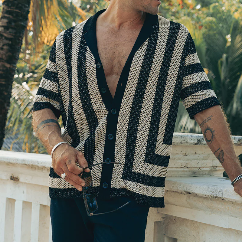 Men's Spring And Summer Fashion Casual Hollow Striped Knitted Short-sleeved Shirt MTA0466G0K