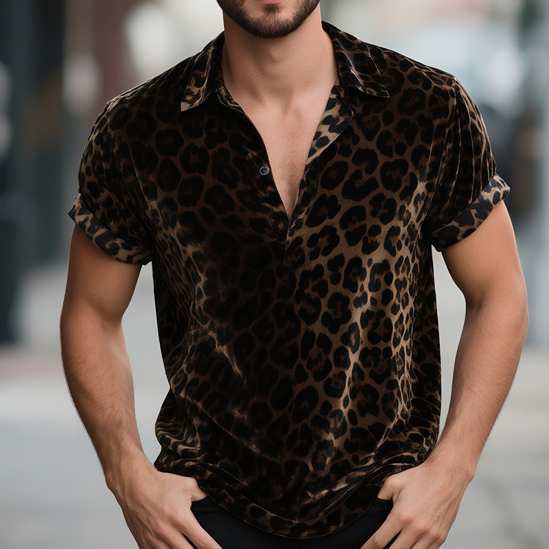 Men's Vintage Velvet Leopard Print Lapel Short Sleeve T-Shirt MTA0751G2TO