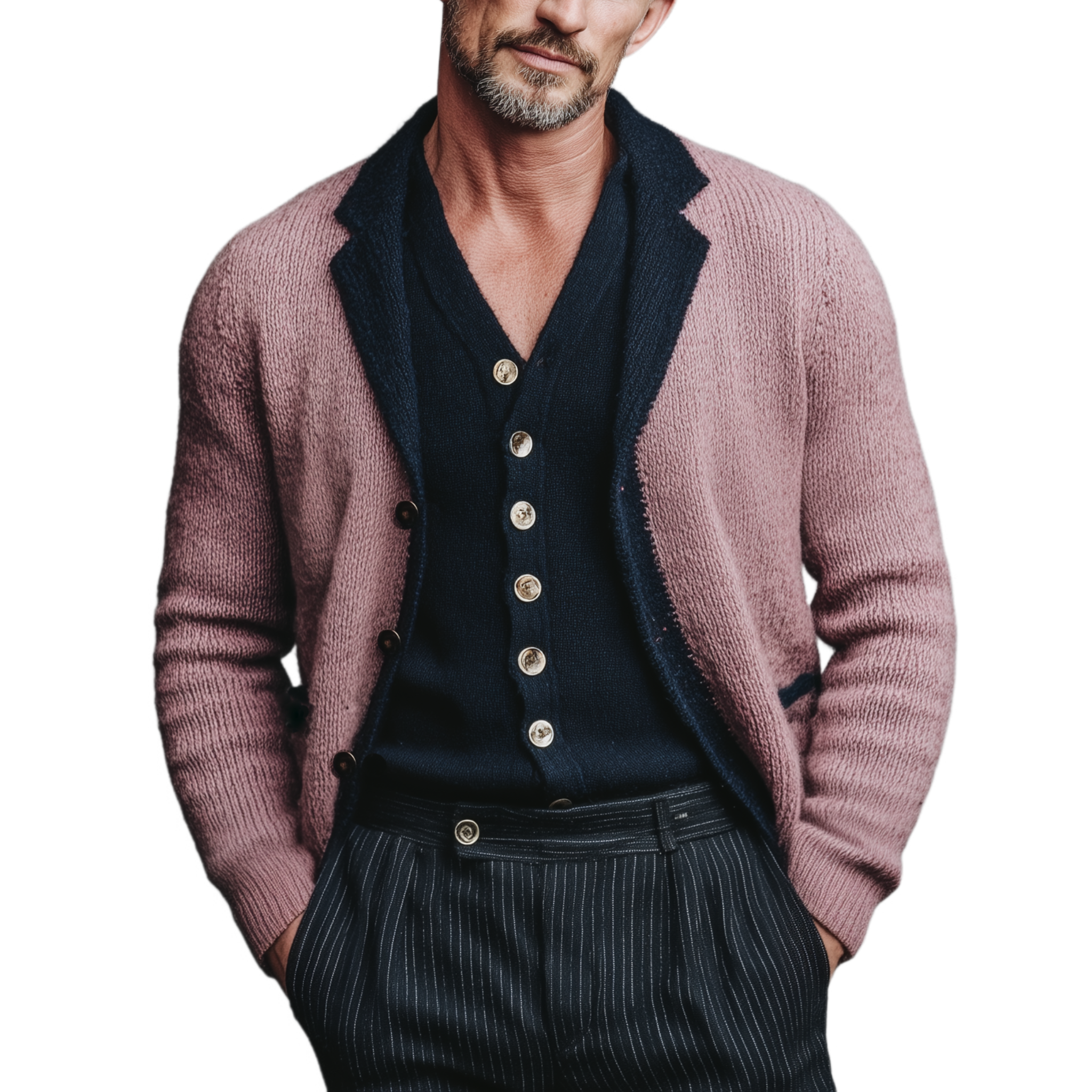 Men's Classic Casual Lapel Pink And Navy Blue Knitted Cardigan MTA2618I0K