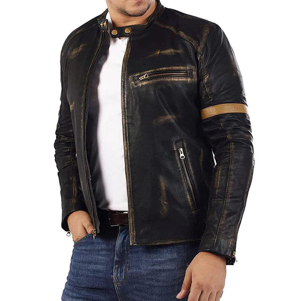 Men's Vintage Distressed Stand Collar Contrast Stitching Leather Jacket 22822210M