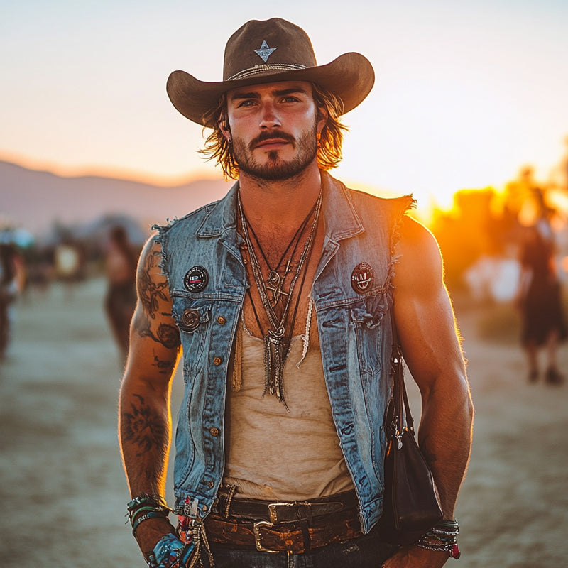 Men'S Vintage Distressed Western Cowboy Style Lapel Denim Vest MTA0984E5X